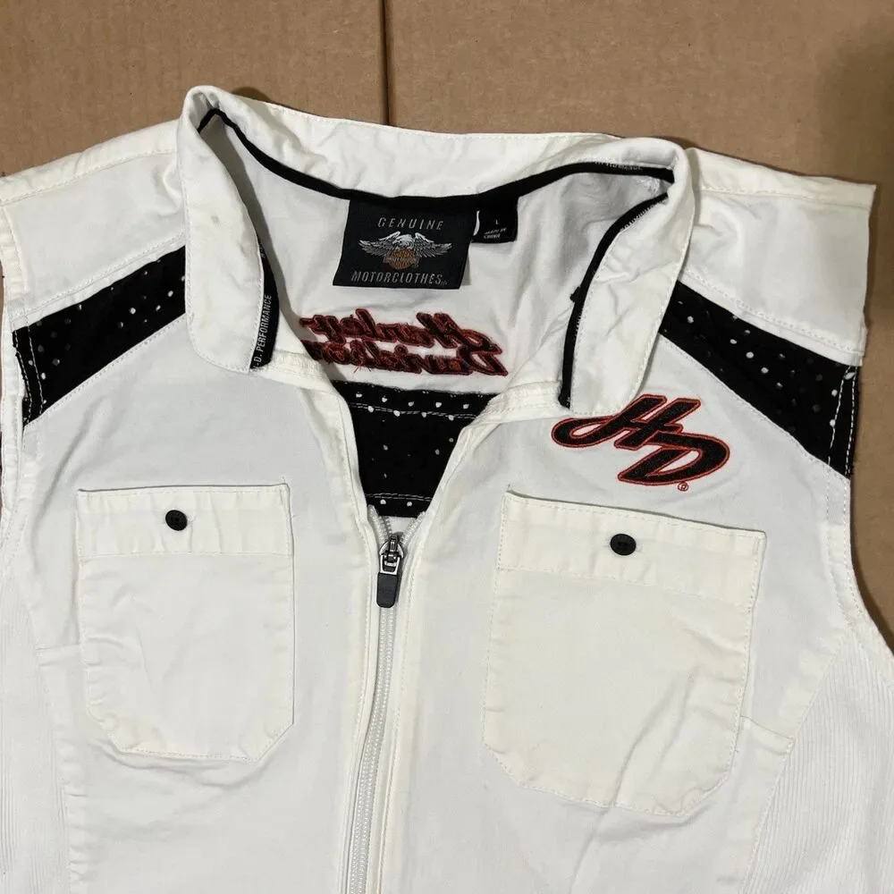 Harley Davidson Vest White Sleeveless Motorcycle Biker Y2K Embroidered Womens L - Picture 2 of 9